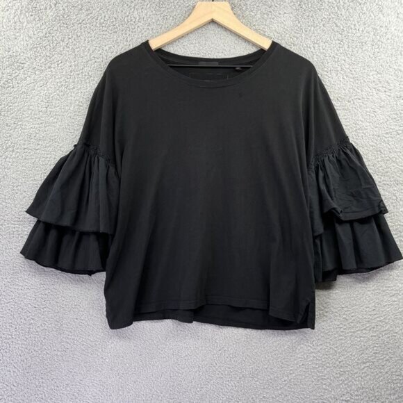 ATM Top Medium Ruffled 3/4 Sleeve Round Neck Black Jersey Blouse Career Minimal - Picture 1 of 13